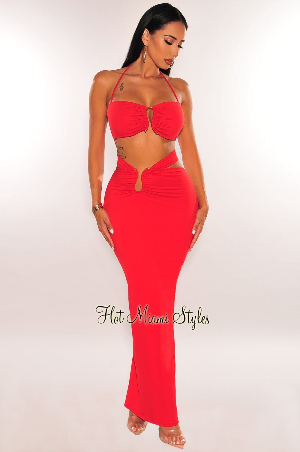 Red Gold Ring Halter Maxi Skirt Two Piece Set sold by Hot Miami Styles