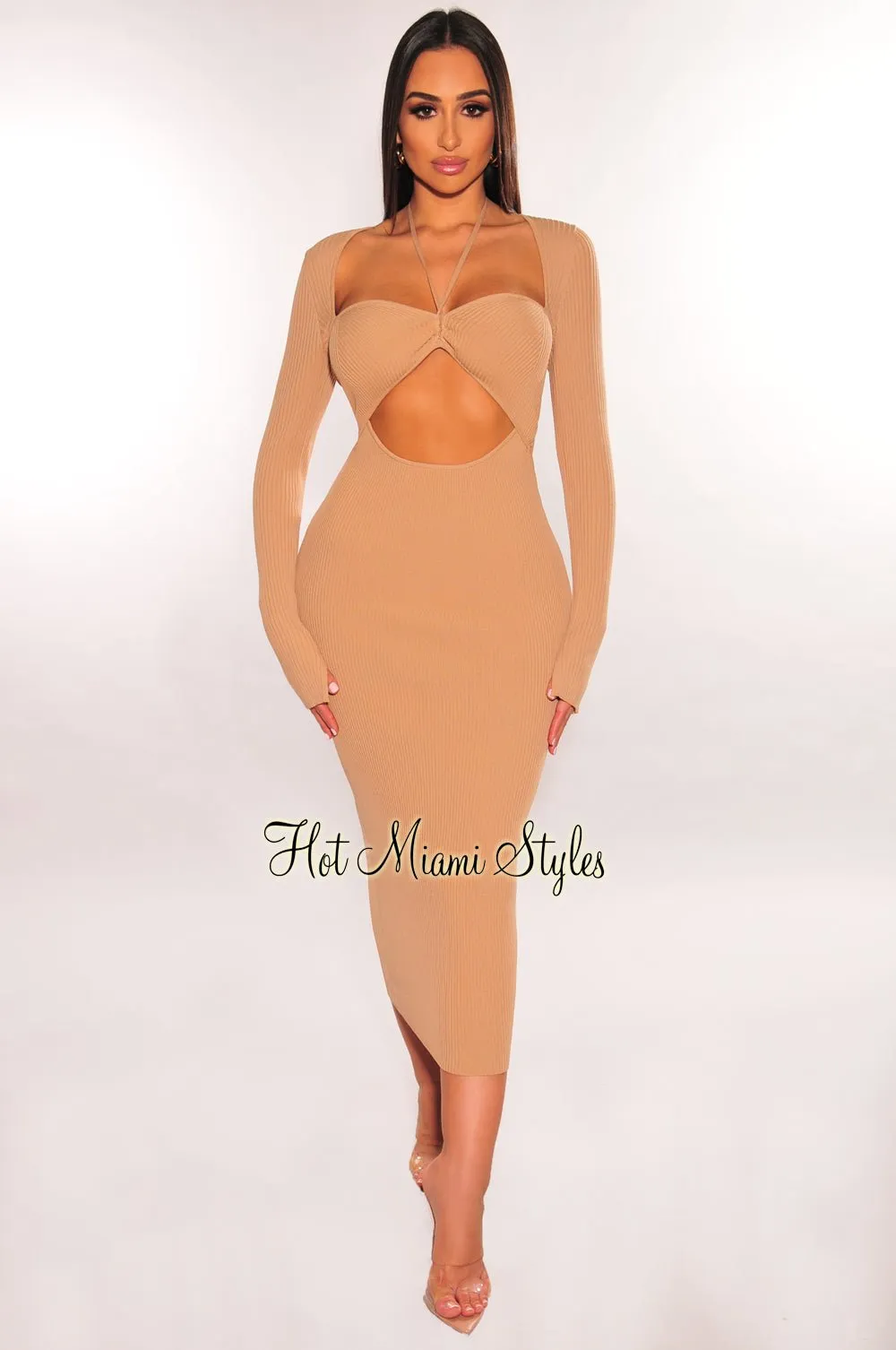 Nude Ribbed Long Sleeve Cut Out Dress sold by Hot Miami Styles