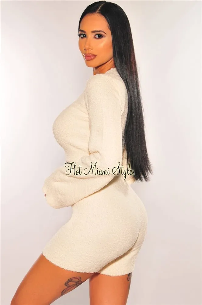 HMS Lounge: Cream Fuzzy Bell Sleeves Biker Shorts Two Piece Set sold by Hot Miami Styles product image thumbnail 3