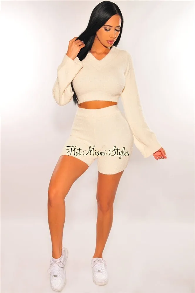 HMS Lounge: Cream Fuzzy Bell Sleeves Biker Shorts Two Piece Set sold by Hot Miami Styles product image thumbnail 4