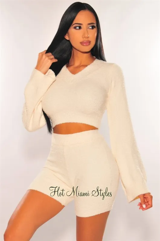 HMS Lounge: Cream Fuzzy Bell Sleeves Biker Shorts Two Piece Set sold by Hot Miami Styles