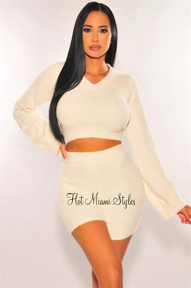 HMS Lounge: Cream Fuzzy Bell Sleeves Biker Shorts Two Piece Set sold by Hot Miami Styles product image thumbnail 2