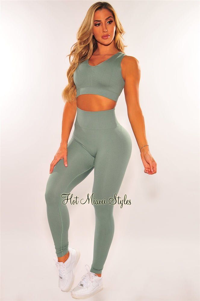 HMS Fit: Sage Seamless Padded High Waist Leggings Two Piece Set sold by Hot Miami Styles