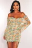 Sage Floral Print Mesh Ruched Ruffle Laced Hem Dress sold by Hot Miami Styles