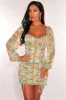 Sage Floral Print Mesh Ruched Ruffle Laced Hem Dress sold by Hot Miami Styles