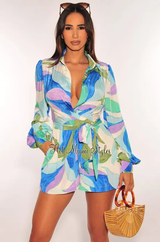 Blue Multi Color Abstract Long Sleeve Collared Plunge V Neck Belted Romper sold by Hot Miami Styles