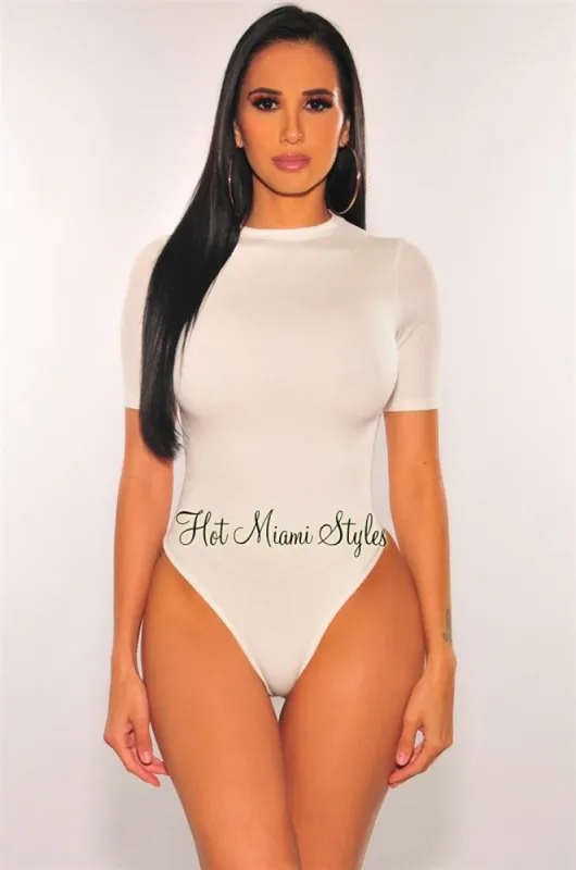 HMS Essential: White Basic Round Neck Short Sleeves Bodysuit sold by Hot Miami Styles