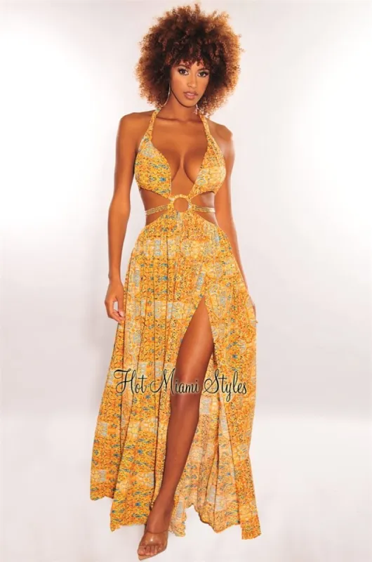 Orange Print O-Ring Cut Out Gold Belted Double Slit Maxi Dress sold by Hot Miami Styles