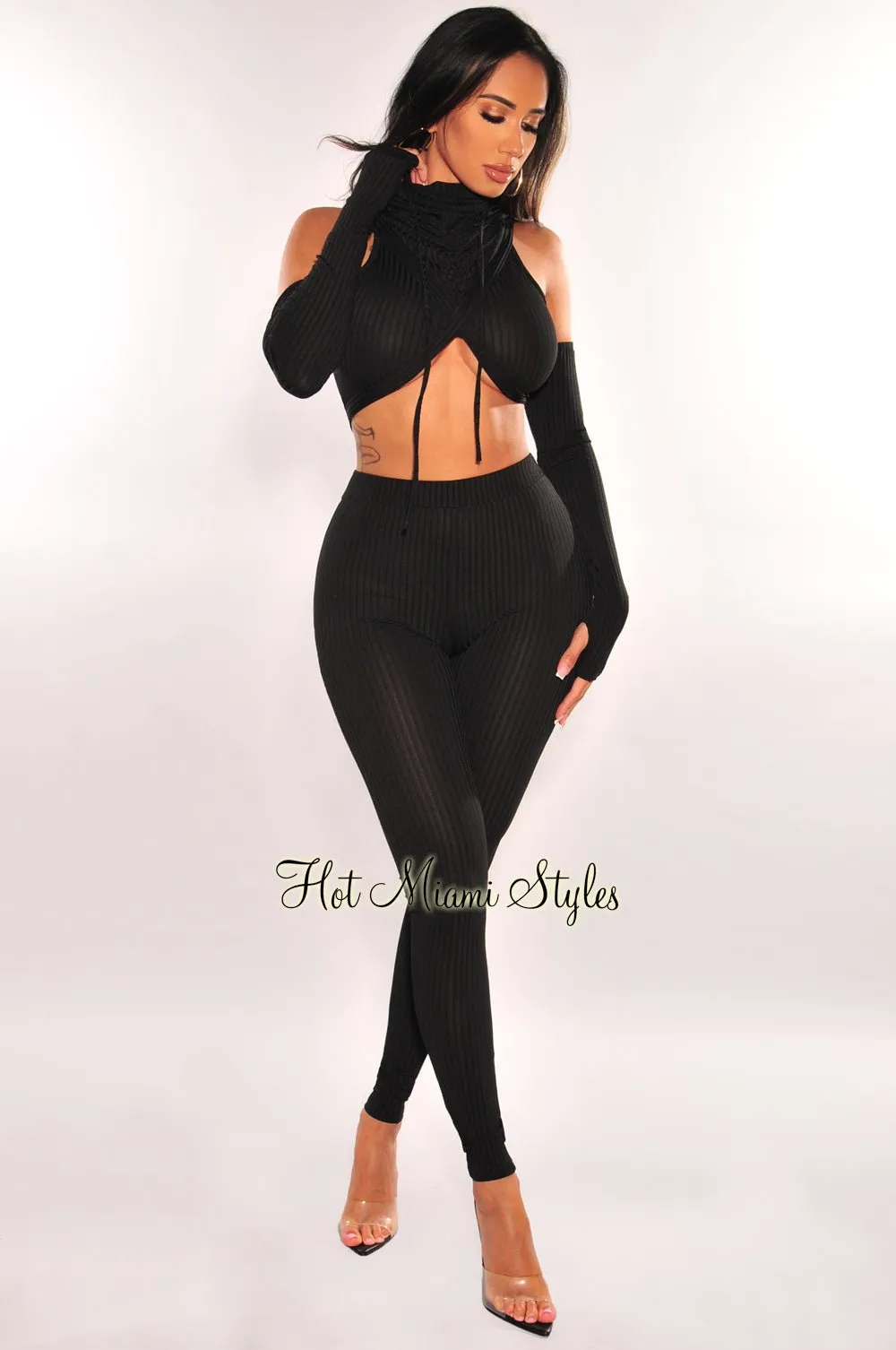 Black Ribbed Hoodie Off Shoulder Criss Cross High Waist Pants Two Piece Set sold by Hot Miami Styles product image thumbnail 3
