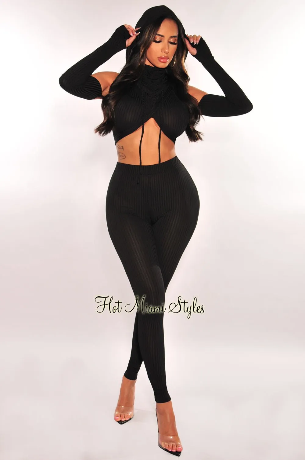Black Ribbed Hoodie Off Shoulder Criss Cross High Waist Pants Two Piece Set sold by Hot Miami Styles