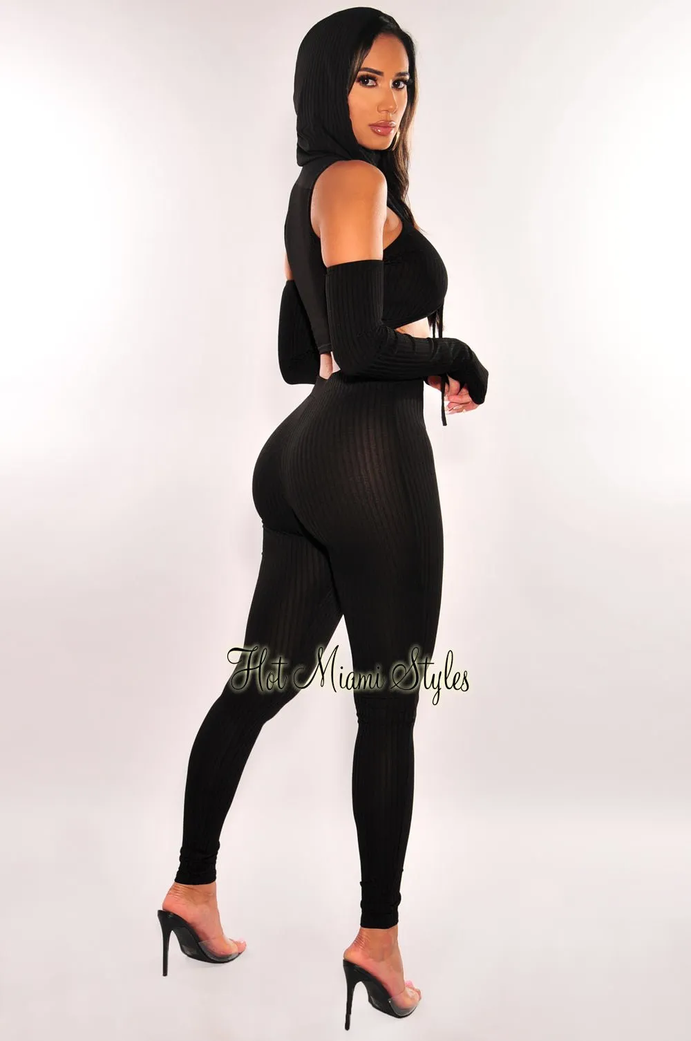 Black Ribbed Hoodie Off Shoulder Criss Cross High Waist Pants Two Piece Set sold by Hot Miami Styles product image thumbnail 2