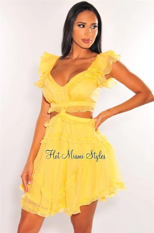 Yellow V Neck Ruffle Cut Out Lace Up Back Dress sold by Hot Miami Styles
