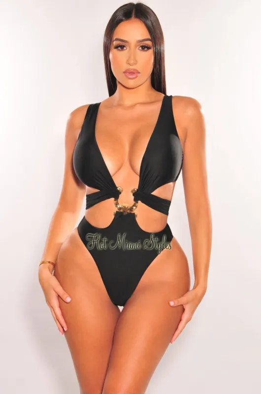 Black Gold Ring Sleeveless Belted Swimsuit sold by Hot Miami Styles