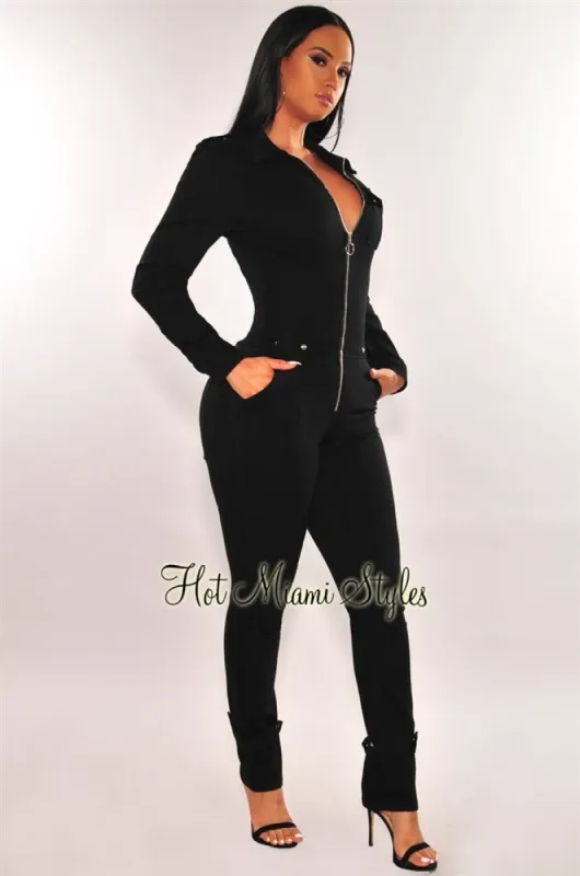 Black Denim Collared O-Ring Zipper Jumpsuit sold by Hot Miami Styles