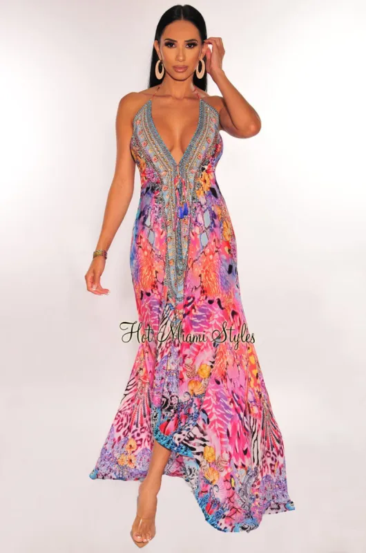 Multi Color Print Rhinestone Drawstring Halter Maxi Dress sold by Hot Miami Styles