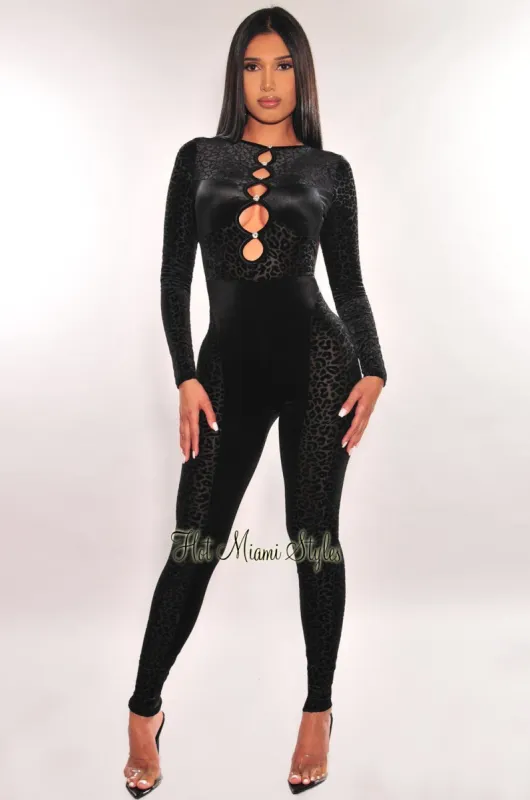 Black Leopard Velour Sheer Mesh Long Sleeve Cut Out Jumpsuit sold by Hot Miami Styles