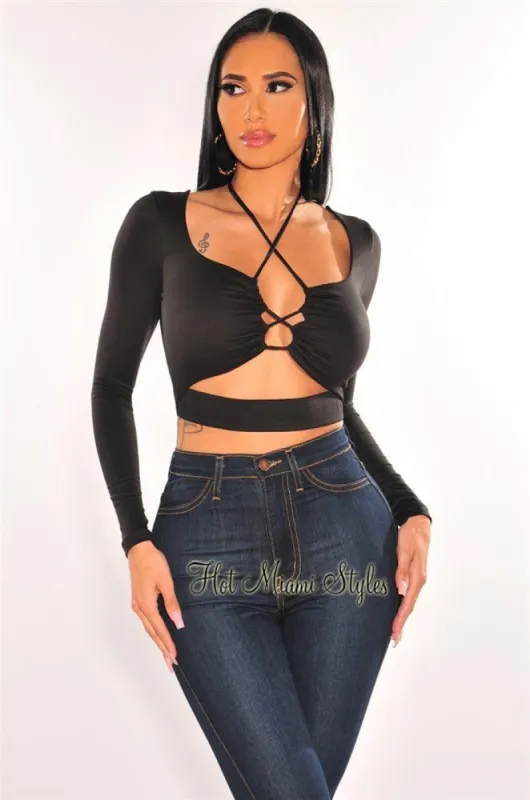 Black Lace Up Long Sleeve Cut Out Crop Top sold by Hot Miami Styles
