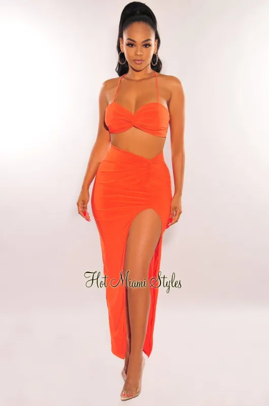 Tangerine Knotted Slit Skirt Two Piece Set sold by Hot Miami Styles