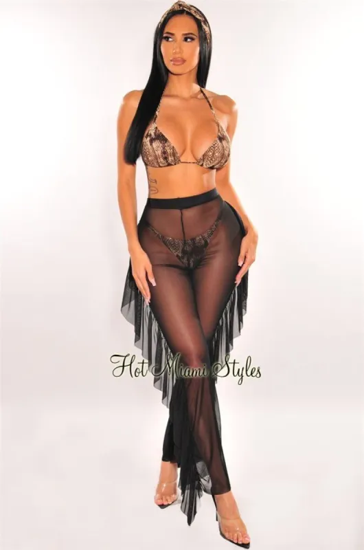 Black Mesh High Waist Ruffle Sides Pants Cover Up Pants sold by Hot Miami Styles