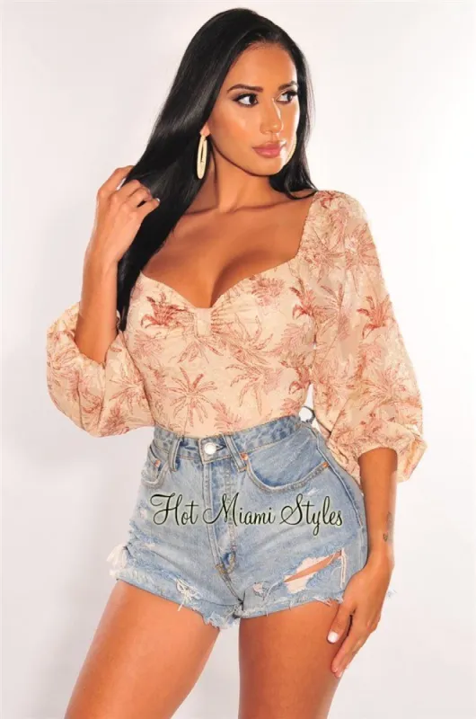 Nude Palm Print Long Sleeve Lace Up Back Crop Top sold by Hot Miami Styles