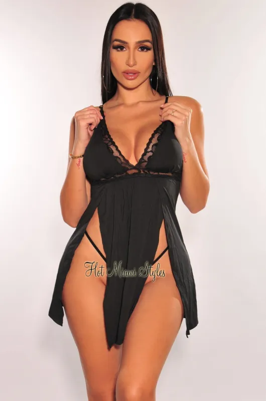 Black Lace V Neck Babydoll Double Slit Thong Lingerie Two Piece Set made by Hot Miami Styles