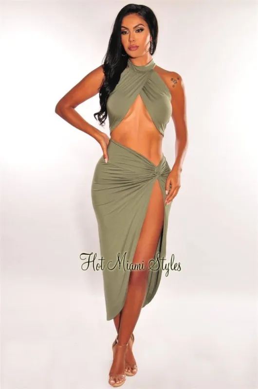 Olive Halter CrossOver Knotted Slit Maxi Skirt Two Piece Set sold by Hot Miami Styles