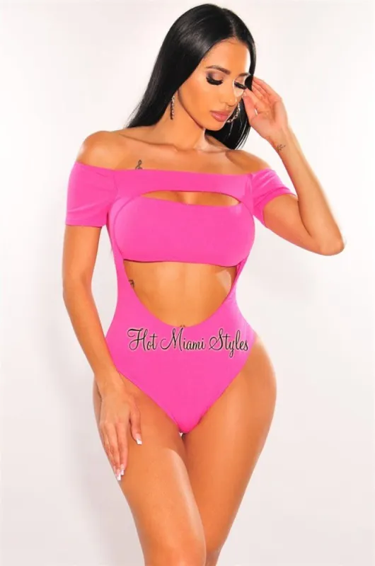Hot Pink Off Shoulder Short Sleeve Cut Out Double Lined Bodysuit sold by Hot Miami Styles