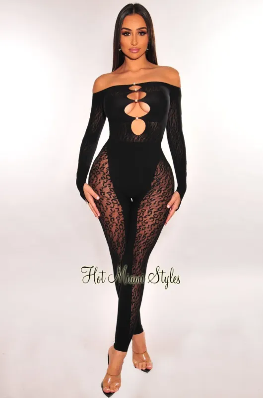 Black Pearl Off Shoulder Cut Out Long Sleeve Seamless Jumpsuit sold by Hot Miami Styles