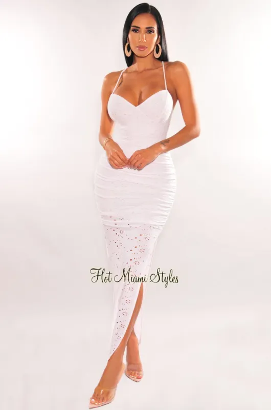 White Eyelet Spaghetti Strap CrissCross Cut Out Back Ruched Slit Maxi Dress sold by Hot Miami Styles