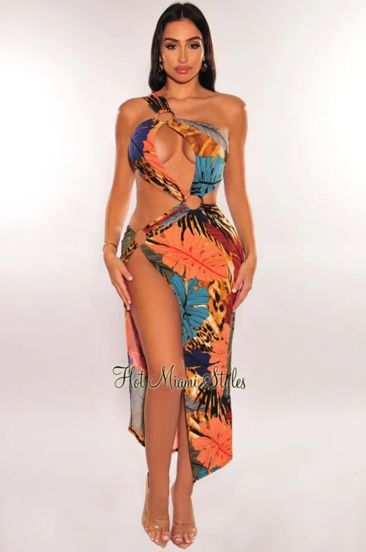 Multicolor Tropical Print One Shoulder O-Ring Cut Out Slit Dress sold by Hot Miami Styles