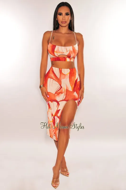 Amber Palm Print Cut Out Spaghetti Straps Slit Skirt Two Piece Set sold by Hot Miami Styles