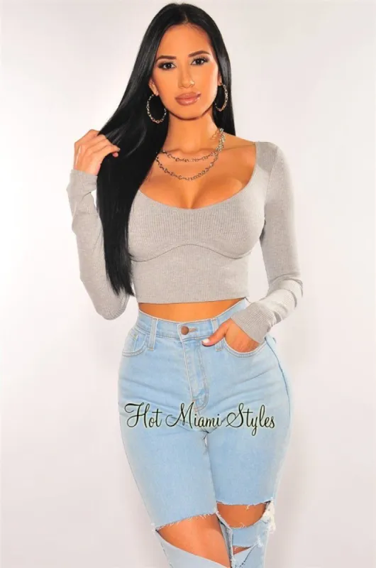 Gray Ribbed Knit Faux Bustier Long Sleeves Crop Top sold by Hot Miami Styles