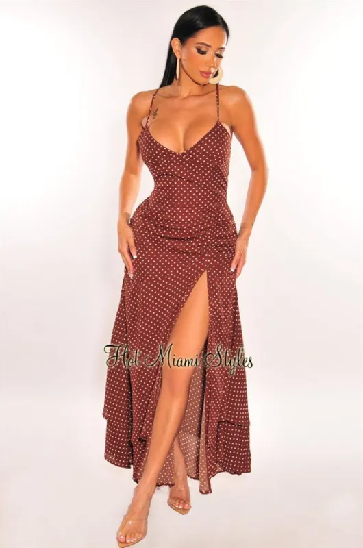 Brown Polka Dot Spaghetti Straps Ruched Slit Maxi Dress sold by Hot Miami Styles