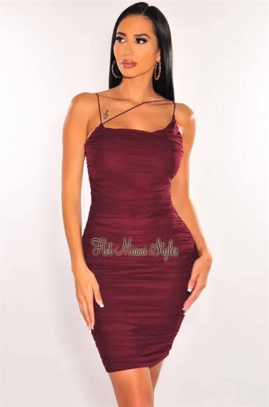 Deep Wine Mesh Elastic Straps Ruched Dress sold by Hot Miami Styles
