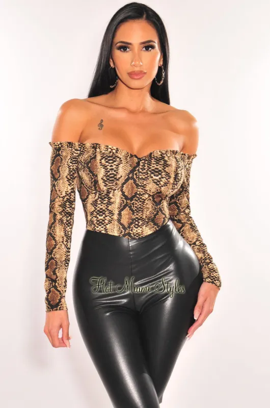 Brown Snake Print Padded Off Shoulder Long Sleeve Top sold by Hot Miami Styles