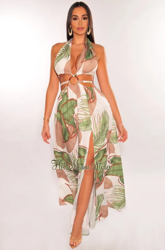 White Tropical Palm Print Halter Padded Belted Slit Maxi Dress sold by Hot Miami Styles