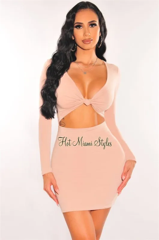 Nude V Neck Knotted Cut Out Long Sleeve Dress sold by Hot Miami Styles