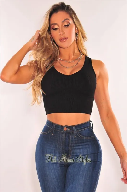 Black Ribbed V Neck Sleeveless Faux Bustier Crop Top sold by Hot Miami Styles