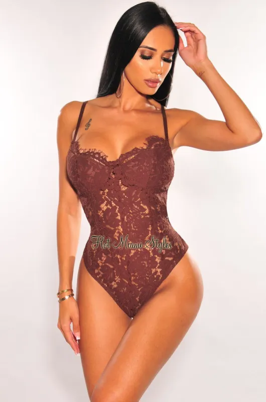 Chocolate Floral Lace Padded Spaghetti Straps Cut Out Back Bodysuit sold by Hot Miami Styles