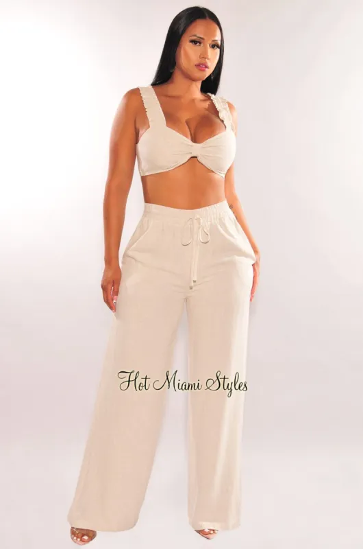 Taupe Linen Knotted Palazzo Pant Two Piece Set sold by Hot Miami Styles
