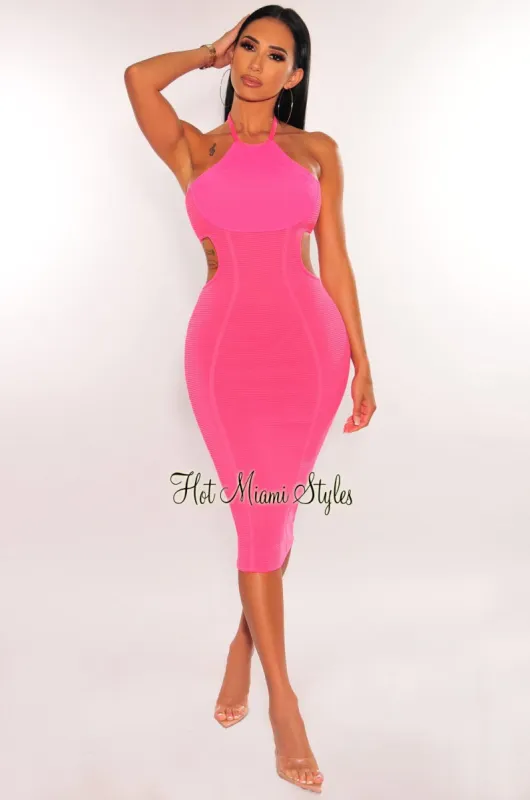 Hot Pink Halter Mesh Cut Out Bandage Dress sold by Hot Miami Styles