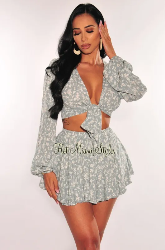 Light Sage Floral Print Tie Up Long Sleeve Shorts Two Piece Set sold by Hot Miami Styles
