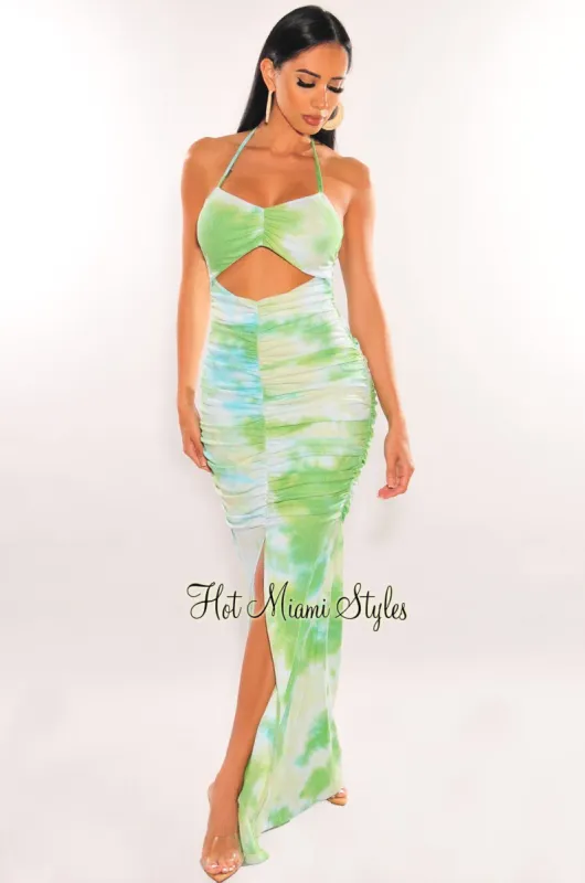 Green Tie Dye Halter Cut Out Ruched Slit Maxi Dress sold by Hot Miami Styles
