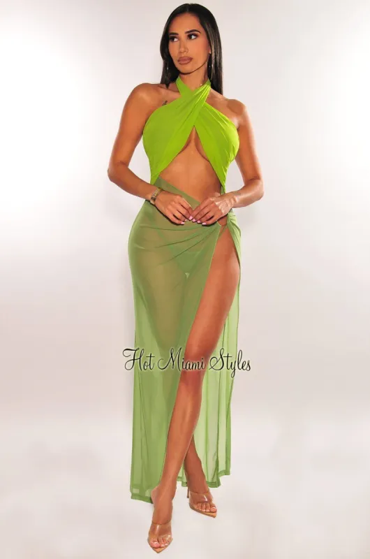 Green Two Toned Criss Cross Halter O-Ring Mesh Slit Dress sold by Hot Miami Styles