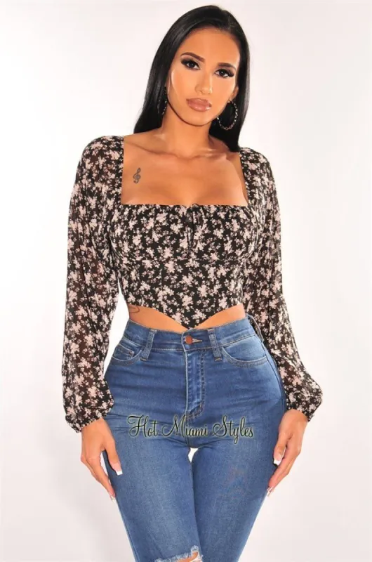Black Floral Print Mesh Boned Long Sleeve Bustier Crop Top sold by Hot Miami Styles