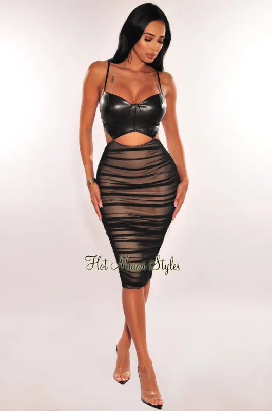 Black Faux Leather Spaghetti Straps Padded Cut Out Ruched Mesh Dress sold by Hot Miami Styles
