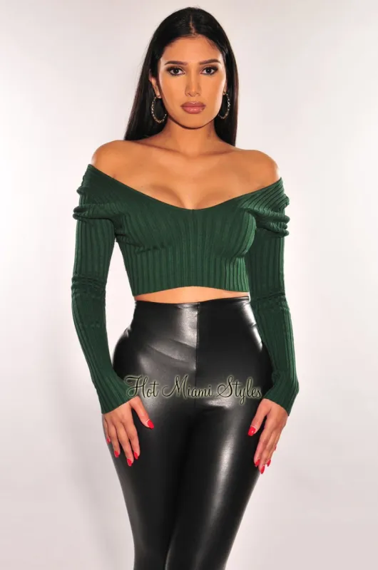 Hunter Green Ribbed Knit Off Shoulder Long Sleeve Crop Top sold by Hot Miami Styles