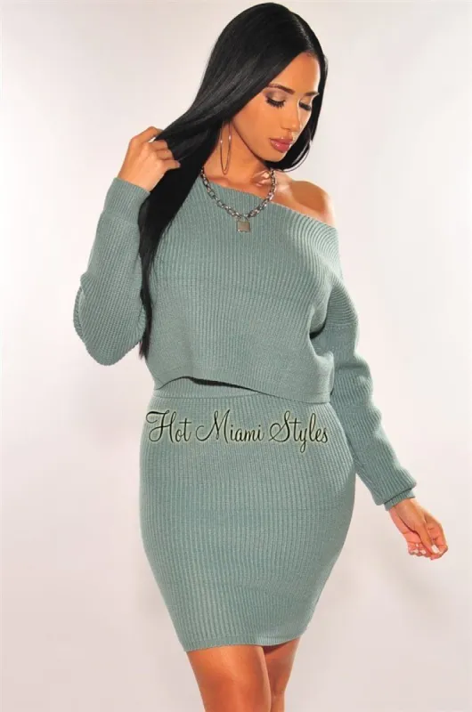 Sage Ribbed Knit Sweater High Waist Skirt Two Piece Set sold by Hot Miami Styles