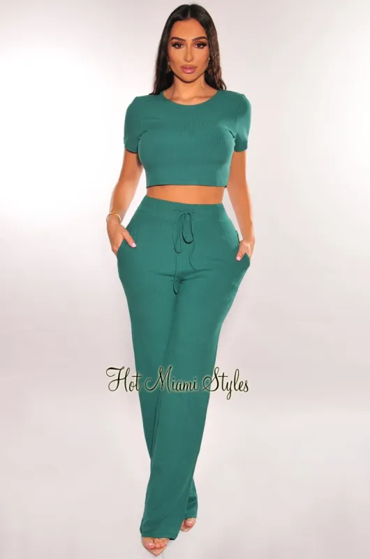 Teal Ribbed Short Sleeve Wide Leg Pants Two Piece Set sold by Hot Miami Styles