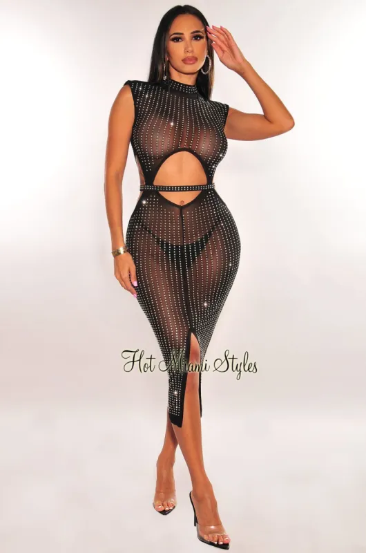 Black Silver Rhinestone Mock Neck Cut Out Slit Belted Dress sold by Hot Miami Styles